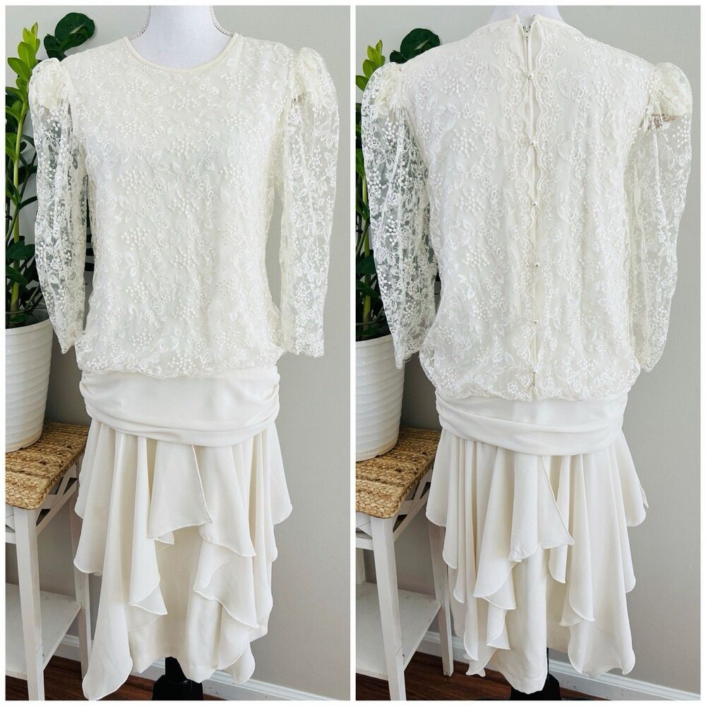 Gorgeous Vintage Tessara White Lace Puff Sleeve Dress 12 Flapper Gatsby Wedding